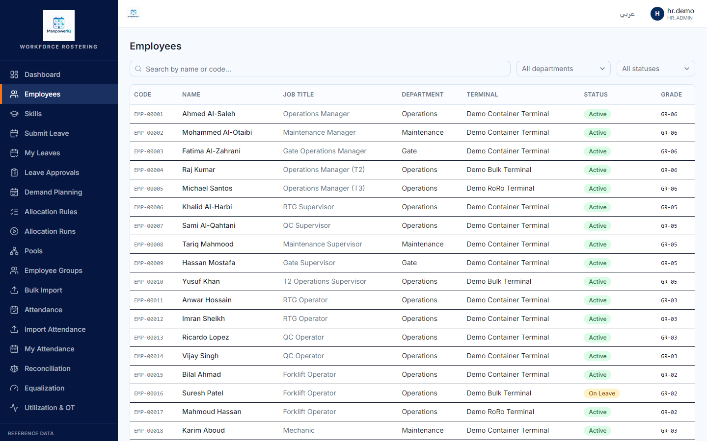 The employee list — e.g. EMP-00001 Ahmed Al-Saleh, Operations Manager, Operations, Demo Container Terminal, Active.