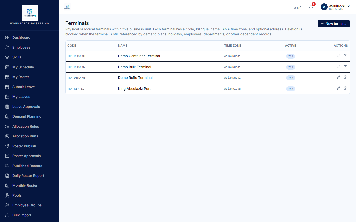 The terminals admin list — Demo Container/Bulk/RoRo terminals with code, bilingual name, and time zone.